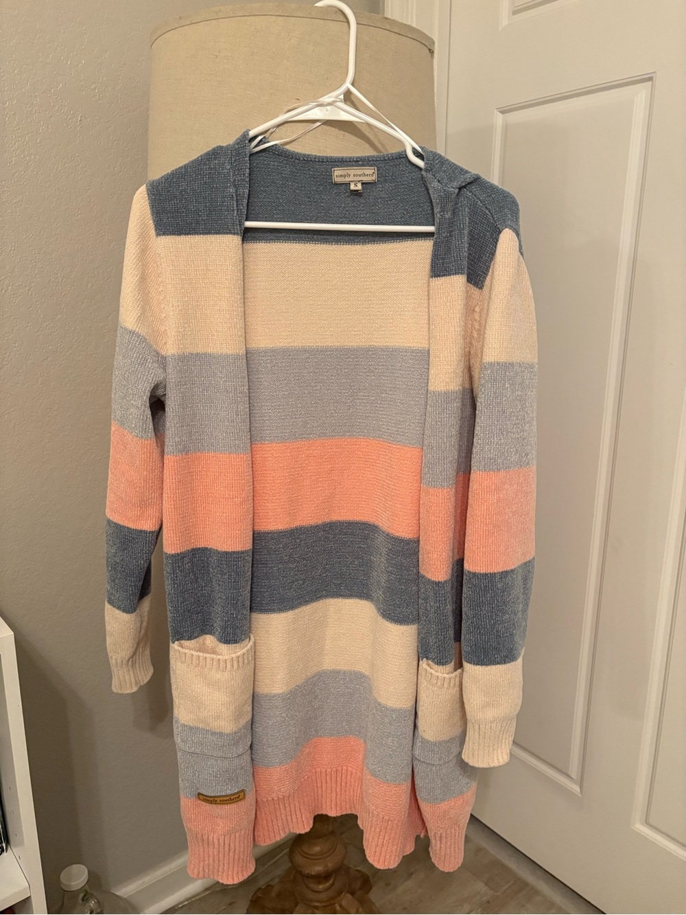 Simply Southern Striped Hooded Open Cardigan - Blue, Peach, Cream